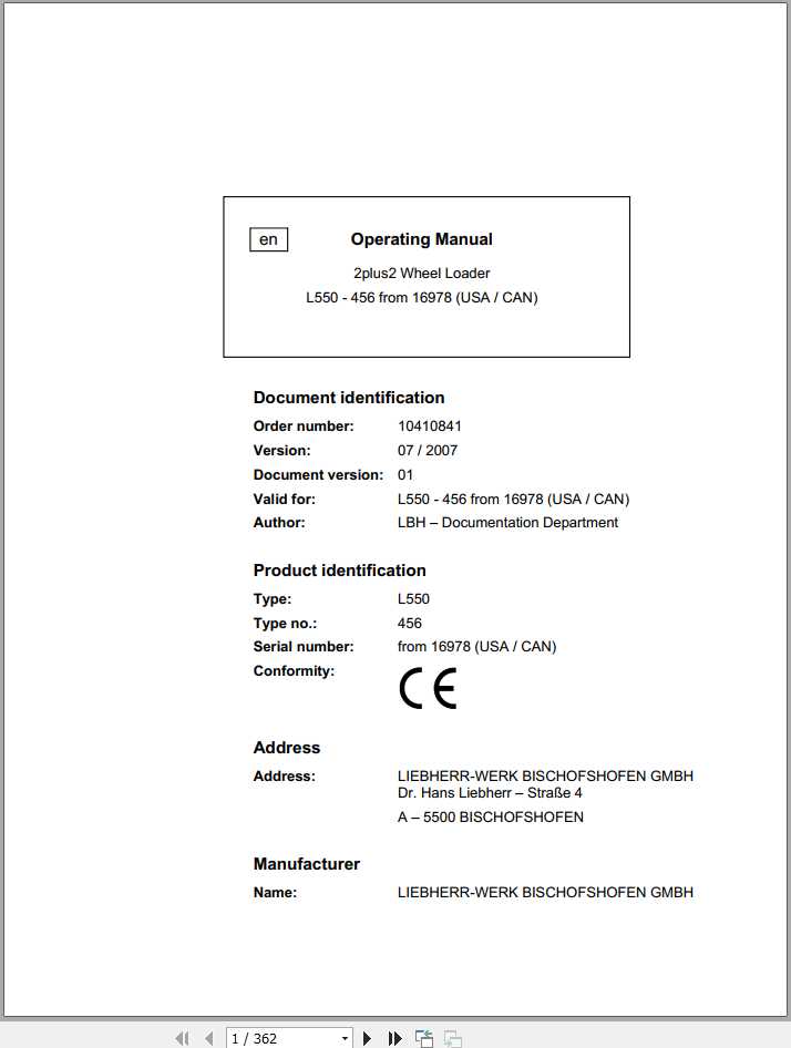 Liebherr Wheel Loader L550 456USA CAN2plus2 SN 16978 Operators Manual 1