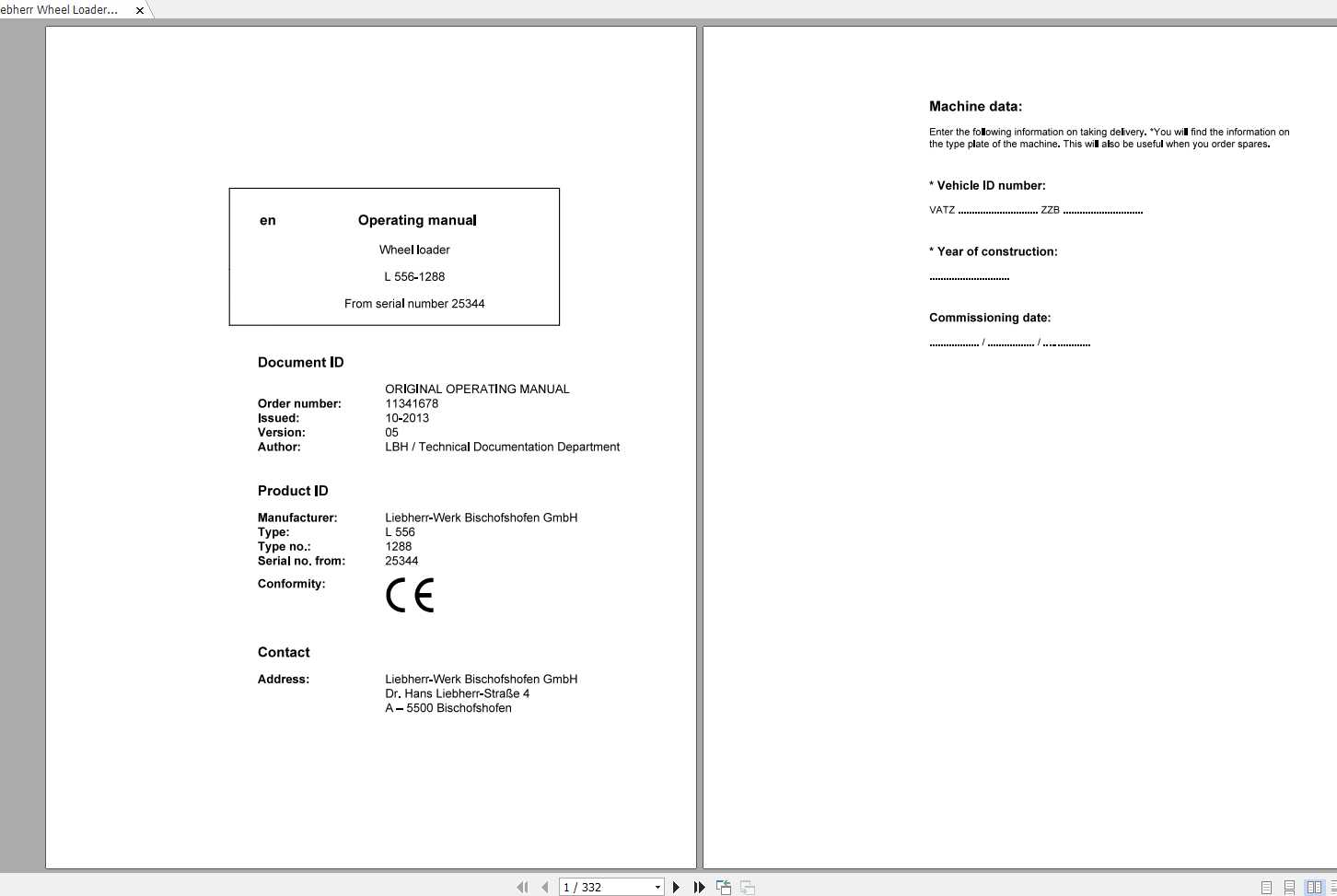 Liebherr Wheel Loader L556 1288 SN 25344 Operators Manual 1