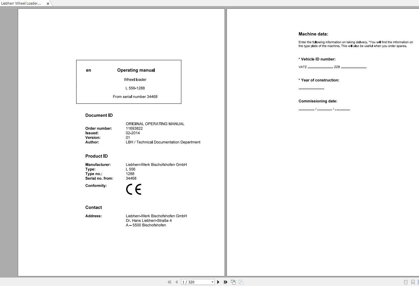 Liebherr Wheel Loader L556 1288 SN 34468 Operators Manual 1