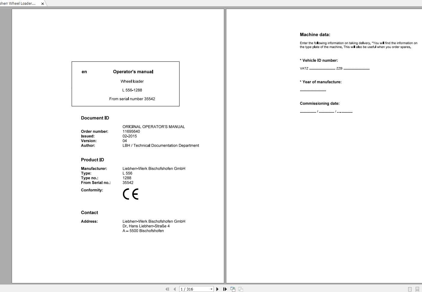 Liebherr Wheel Loader L556 1288 SN 35542 Operators Manual 1