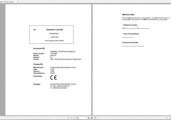 Liebherr Wheel Loader L556 1288 SN 40349 Operators Manual 1
