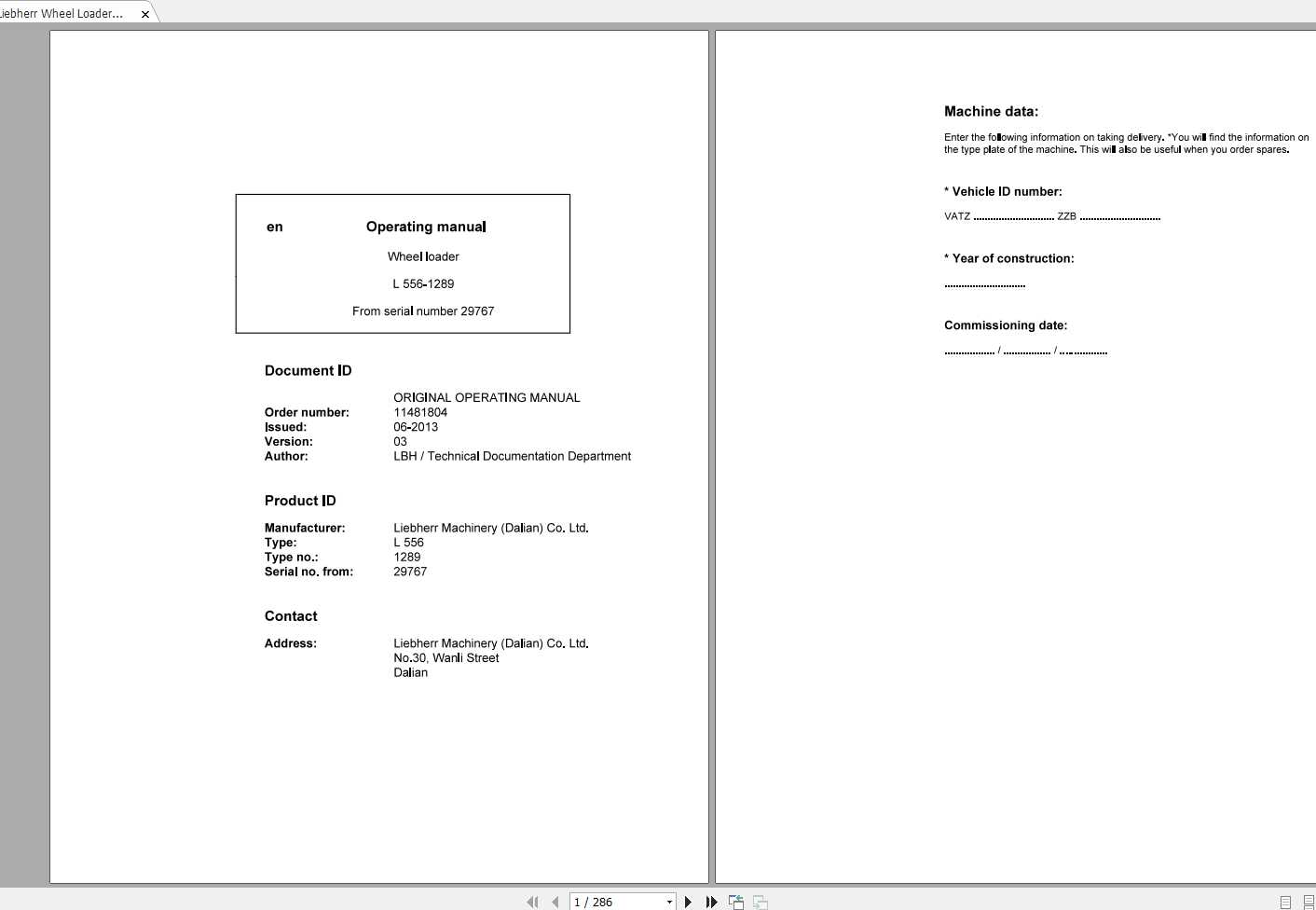 Liebherr Wheel Loader L556 1289 SN 29767 Operators Manual 1