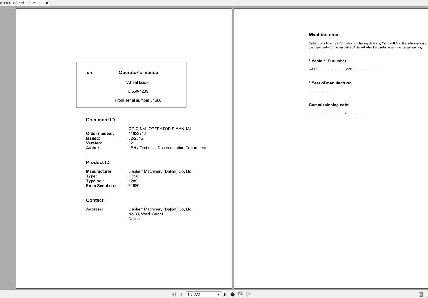 Liebherr Wheel Loader L556 1289 SN 31680 Operators Manual 1