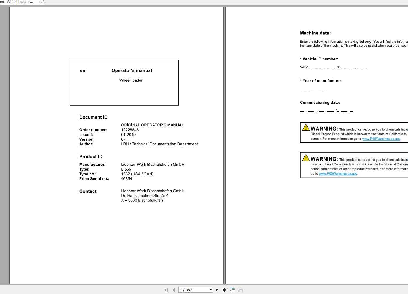 Liebherr Wheel Loader L556 1332USA CAN SN 46854 Operators Manual 1