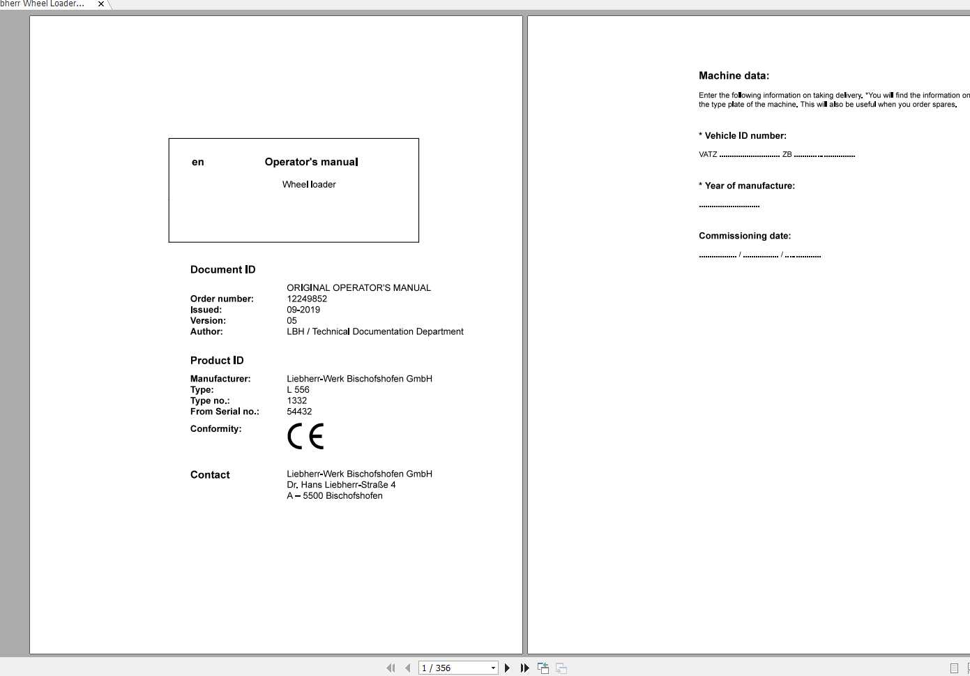 Liebherr Wheel Loader L556 1332 SN 54432 Operators Manual 1