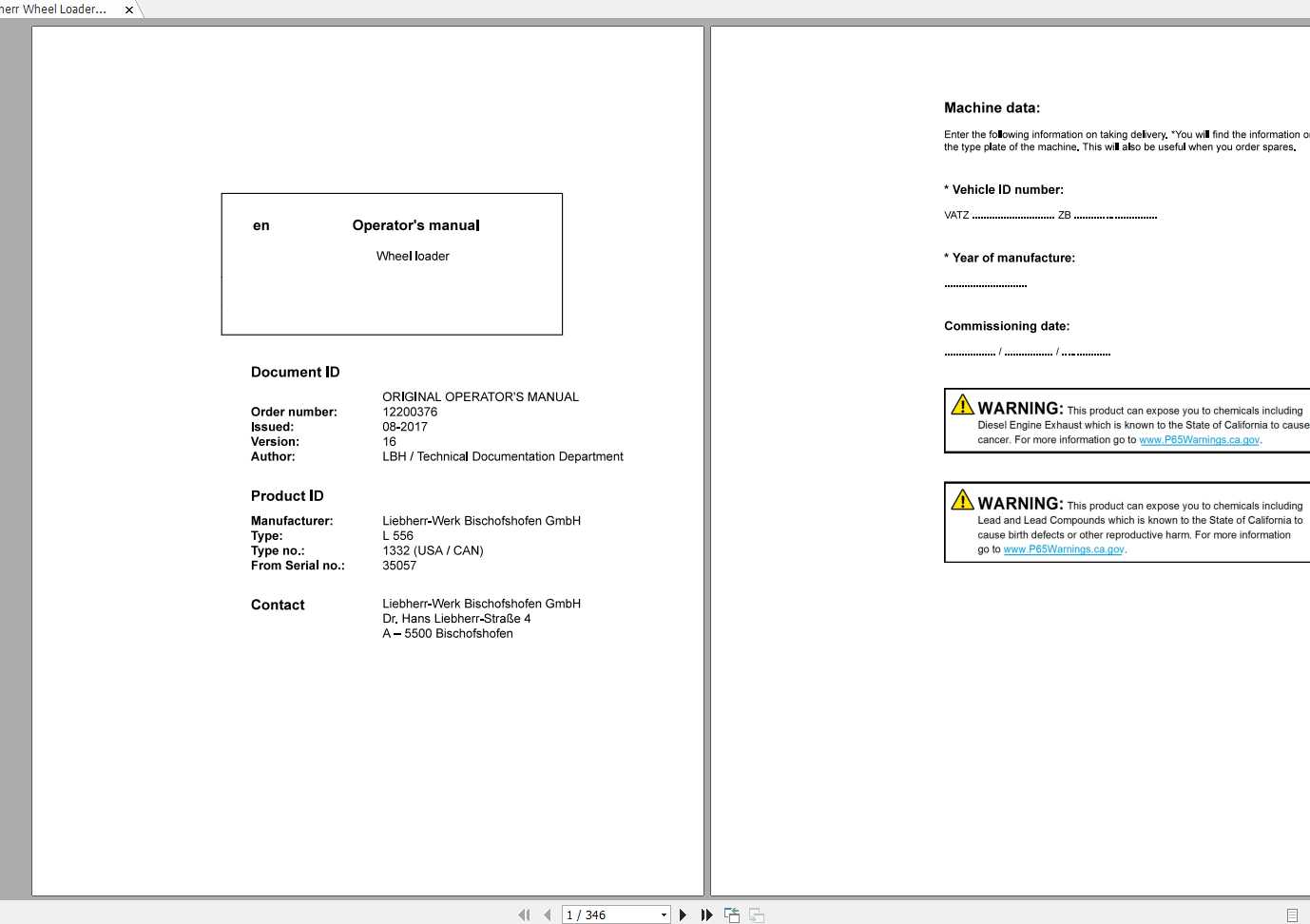 Liebherr Wheel Loader L556 1332 SN USA CAN Operators Manual 1