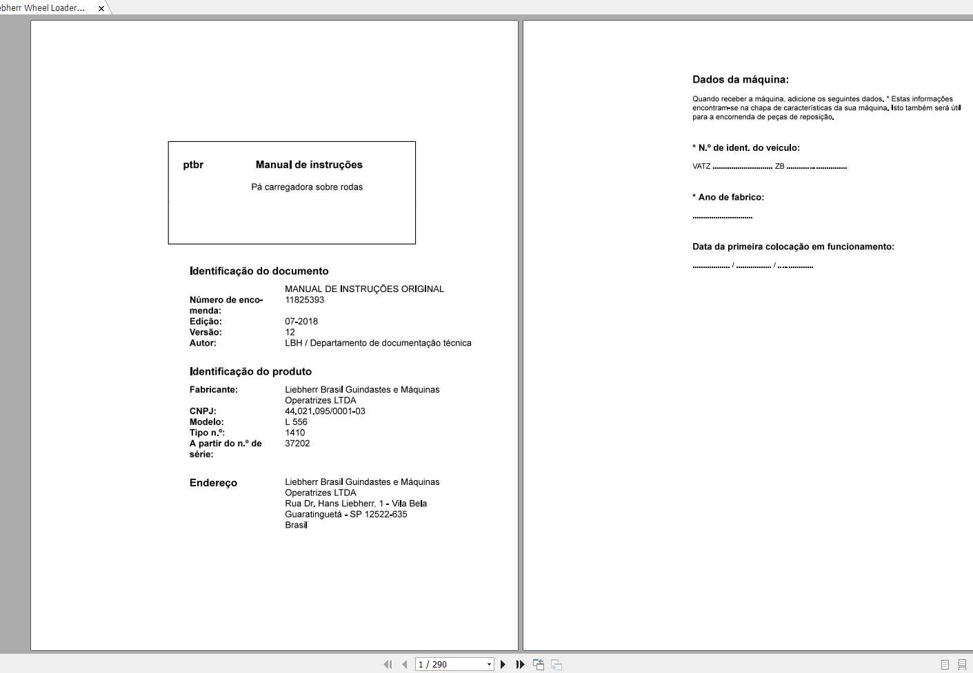 Liebherr Wheel Loader L556 1410 SN 37202 Operators ManualPT BR 1