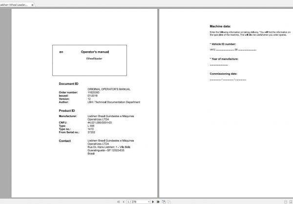 Liebherr Wheel Loader L556 1410 SN 37202 Operators Manual 1