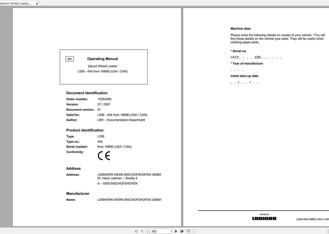 Liebherr Wheel Loader L556 454USA CAN SN 16898 Operators Manual 1