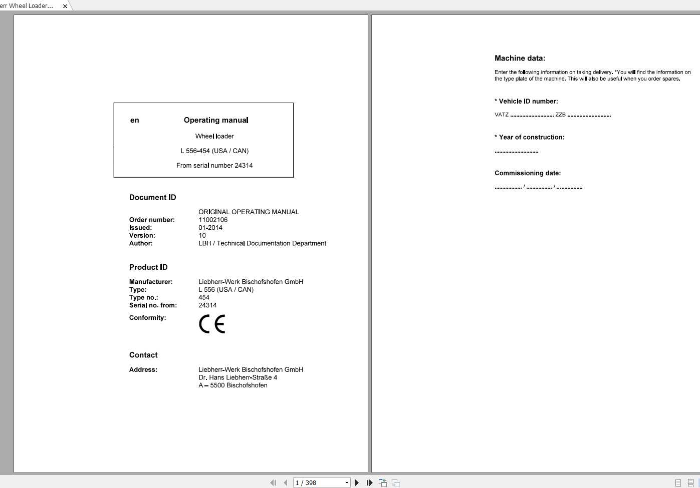 Liebherr Wheel Loader L556 454USA CAN SN 24314 Operators Manual 1