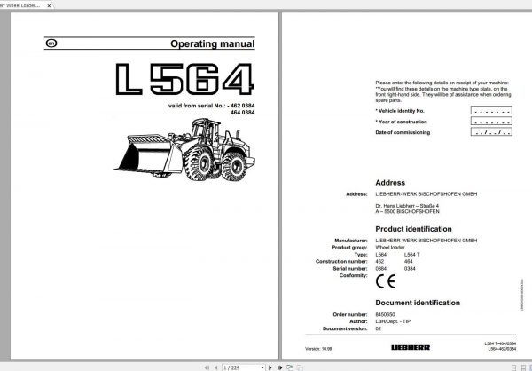 Liebherr Wheel Loader L564 462464 SN 0384 Operators Manual 1