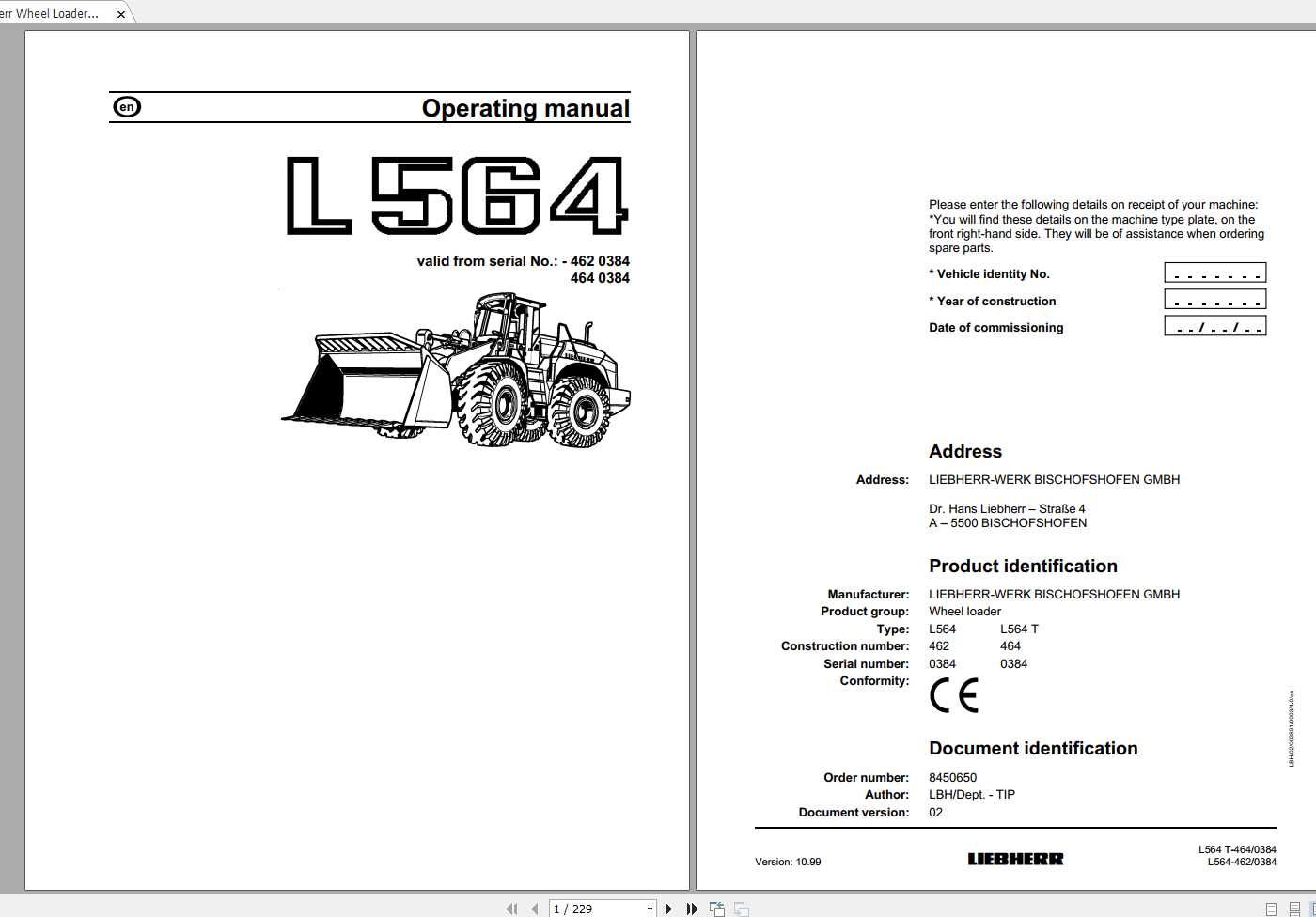 Liebherr Wheel Loader L564 462464 SN 0384 Operators Manual 1