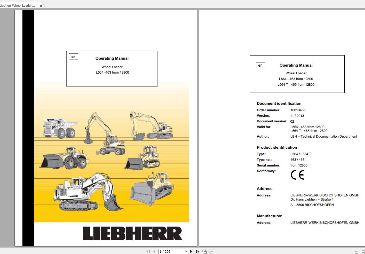 Liebherr Wheel Loader L564T 463 SN 12800 Operators Manual 1