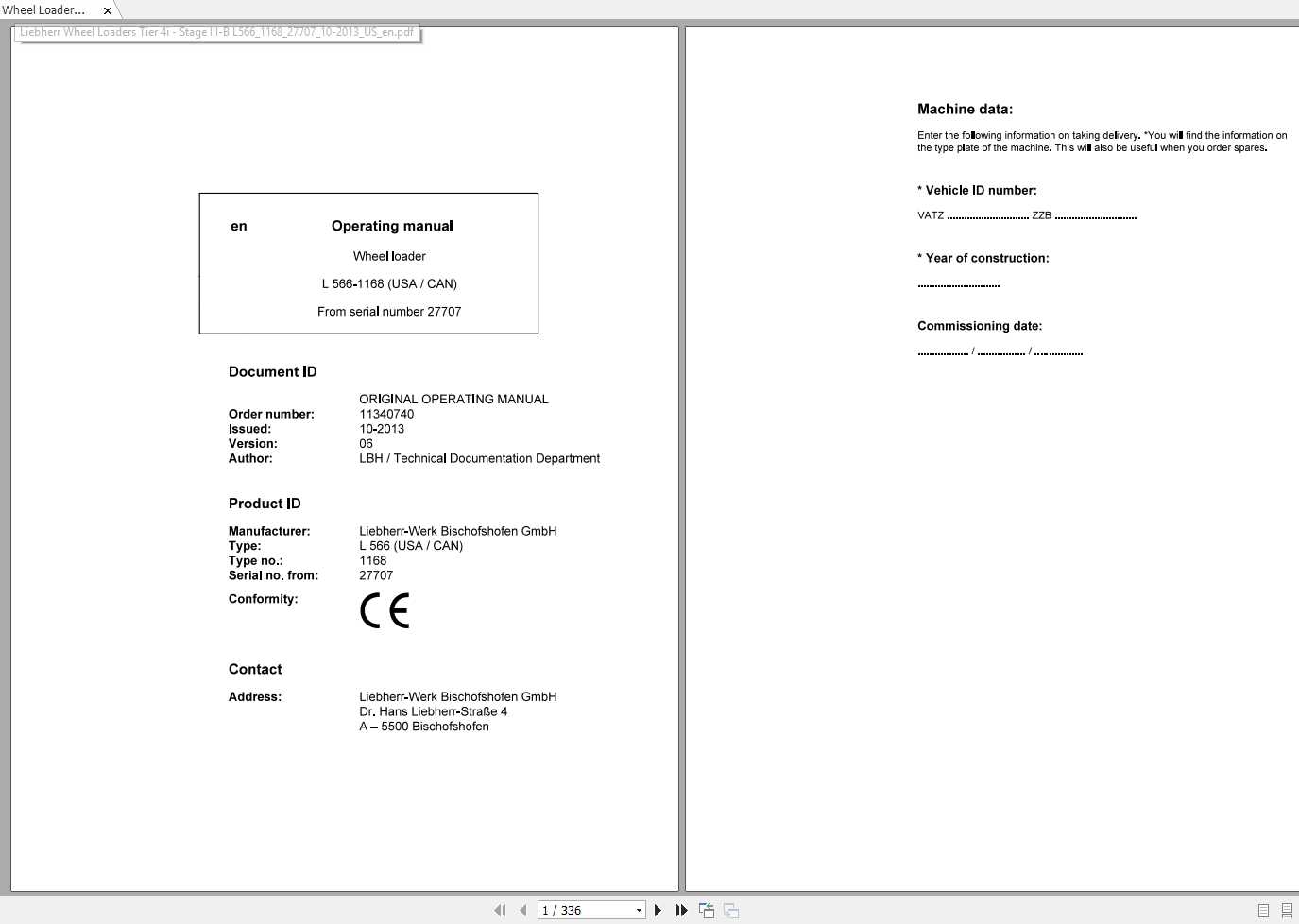Liebherr Wheel Loader L566 1168USA CAN SN 27707 Operators Manual 1