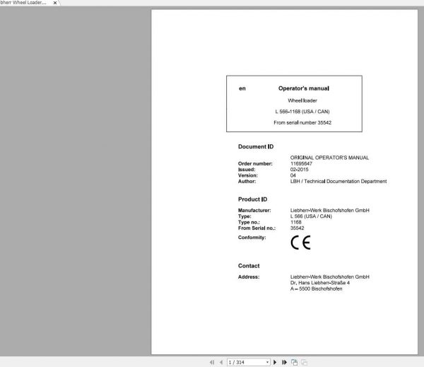 Liebherr Wheel Loader L566 1168USA CAN SN 35542 Operators Manual 1