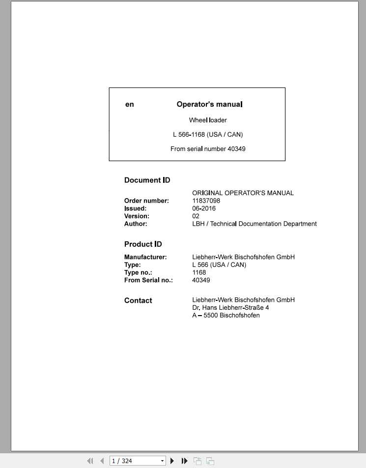 Liebherr Wheel Loader L566 1168USA CAN SN 40349 Operators Manual 1