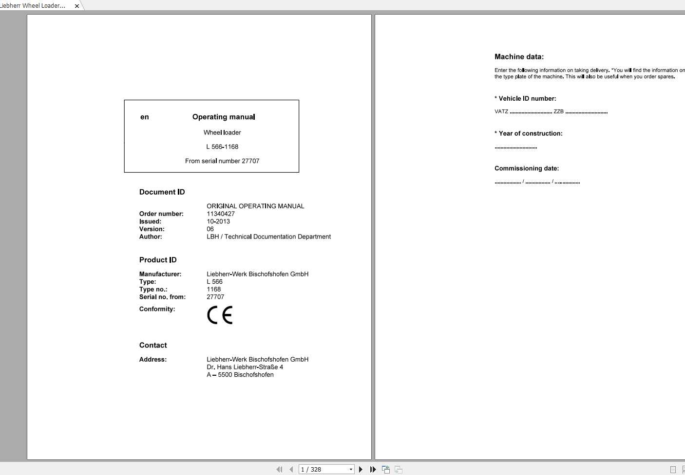 Liebherr Wheel Loader L566 1168 SN 27707 Operators Manual 1