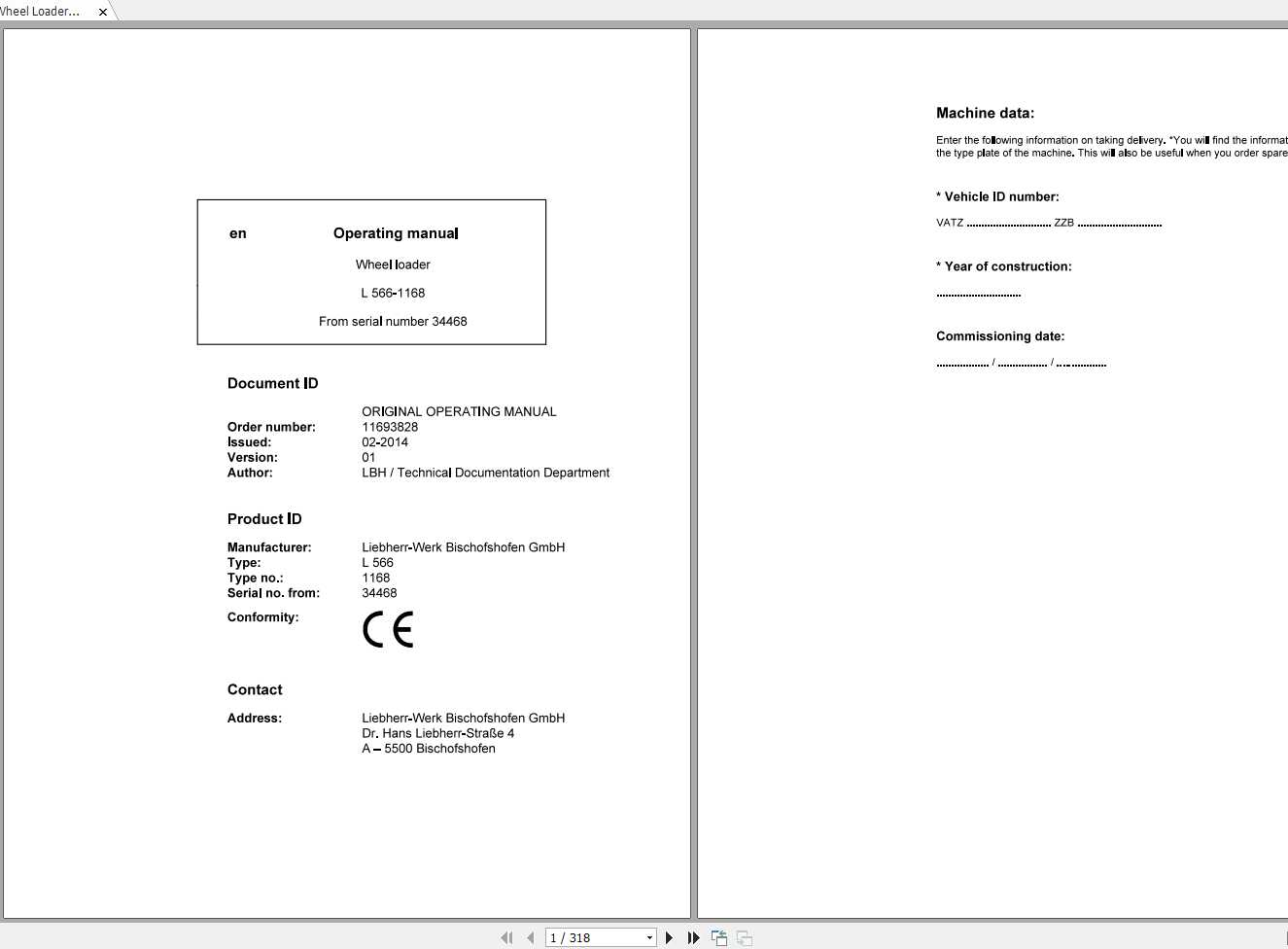 Liebherr Wheel Loader L566 1168 SN 34468 Operators Manual 1