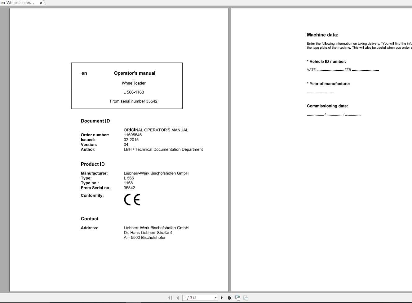 Liebherr Wheel Loader L566 1168 SN 35542 Operators Manual 1