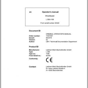 Liebherr Wheel Loader L566 1168 SN 40349 Operators Manual 1