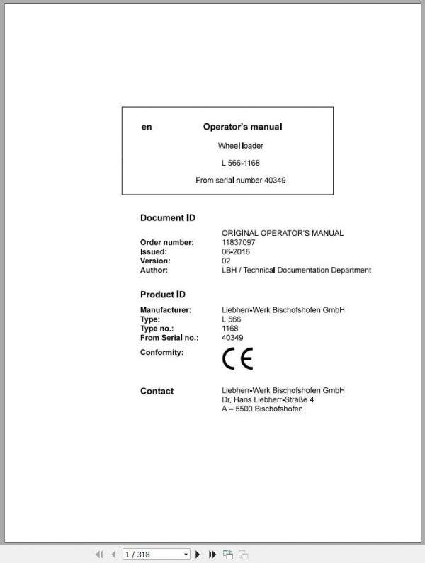Liebherr Wheel Loader L566 1168 SN 40349 Operators Manual 1