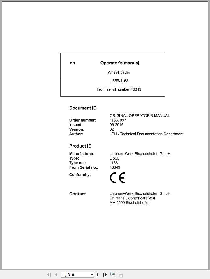 Liebherr Wheel Loader L566 1168 SN 40349 Operators Manual 1