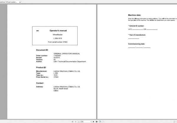 Liebherr Wheel Loader L566 1616 SN 37904 Operators Manual 1