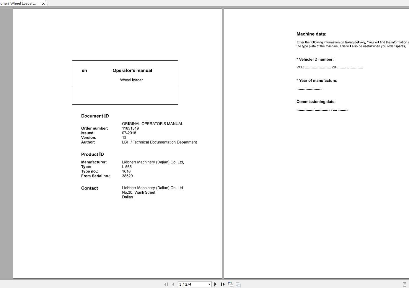 Liebherr Wheel Loader L566 1616 SN 38529 Operators Manual 1