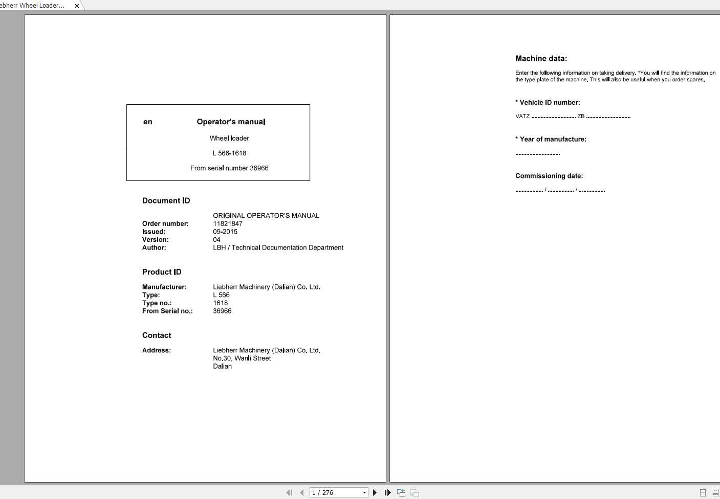 Liebherr Wheel Loader L566 1618 SN 36966 Operators Manual 1