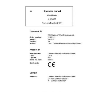 Liebherr Wheel Loader L566 1618 SN 38549 Operators ManualZH 1 2