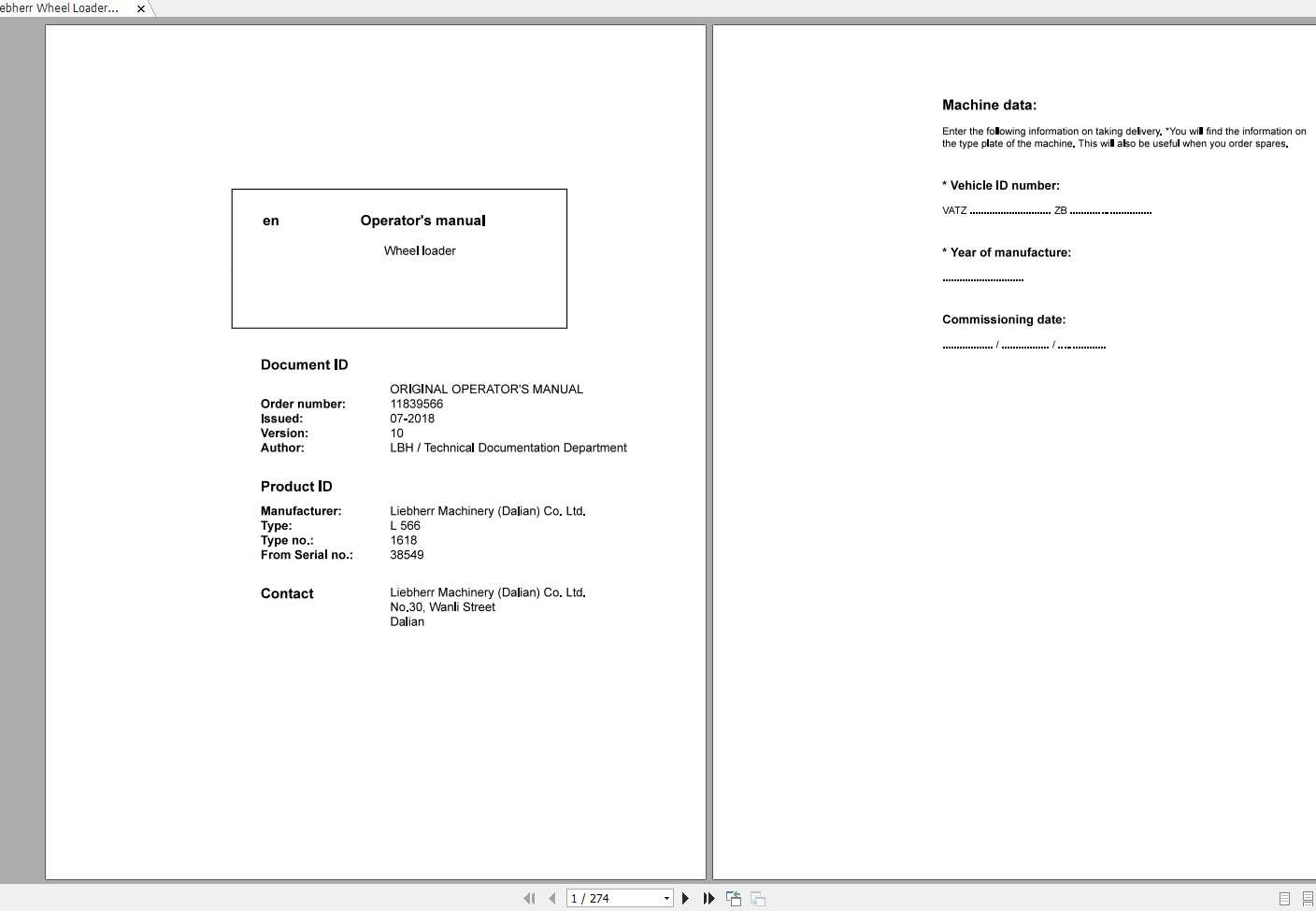 Liebherr Wheel Loader L566 1618 SN 38549 Operators Manual 1