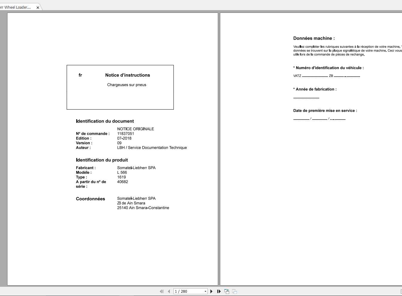 Liebherr Wheel Loader L566 1619 SN 40682 Operators ManualFR 1
