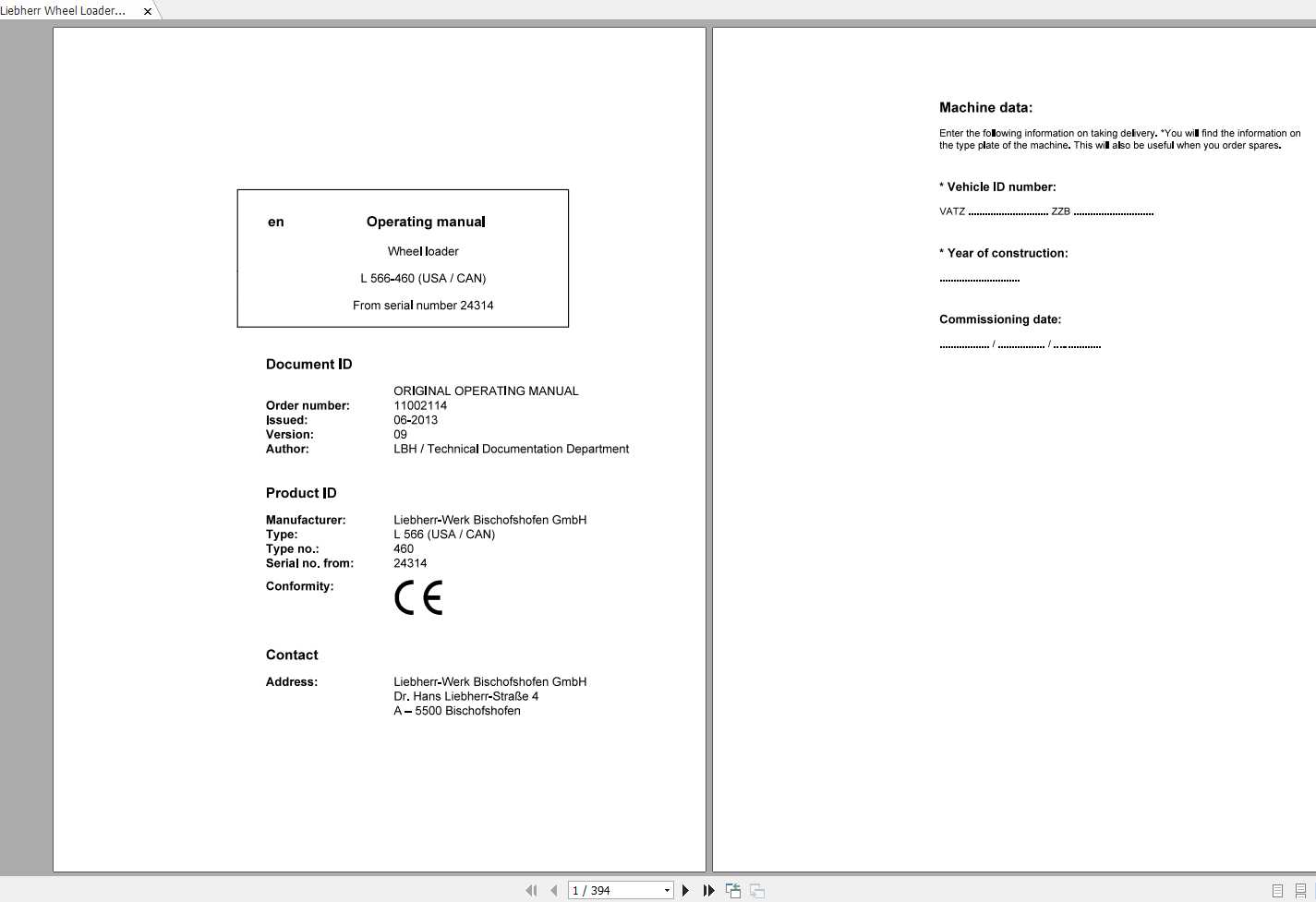 Liebherr Wheel Loader L566 460USA CAN SN 24314 Operators Manual 1