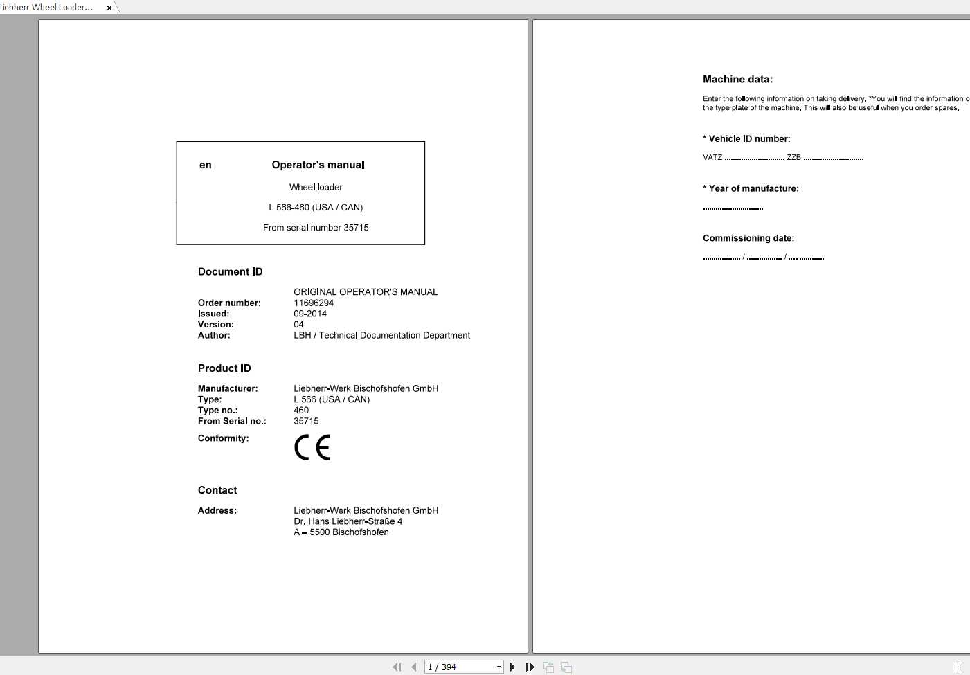 Liebherr Wheel Loader L566 460USA CAN SN 35715 Operators Manual 1