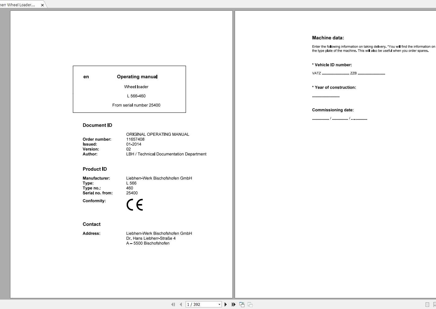 Liebherr Wheel Loader L566 460 SN 25400 Operators Manual 1