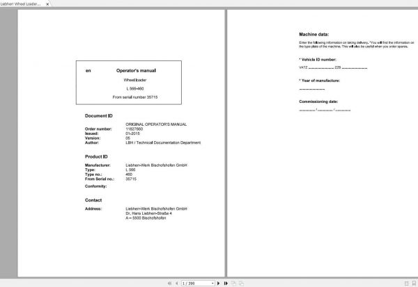 Liebherr Wheel Loader L566 460 SN 35715 Operators Manual2015 1