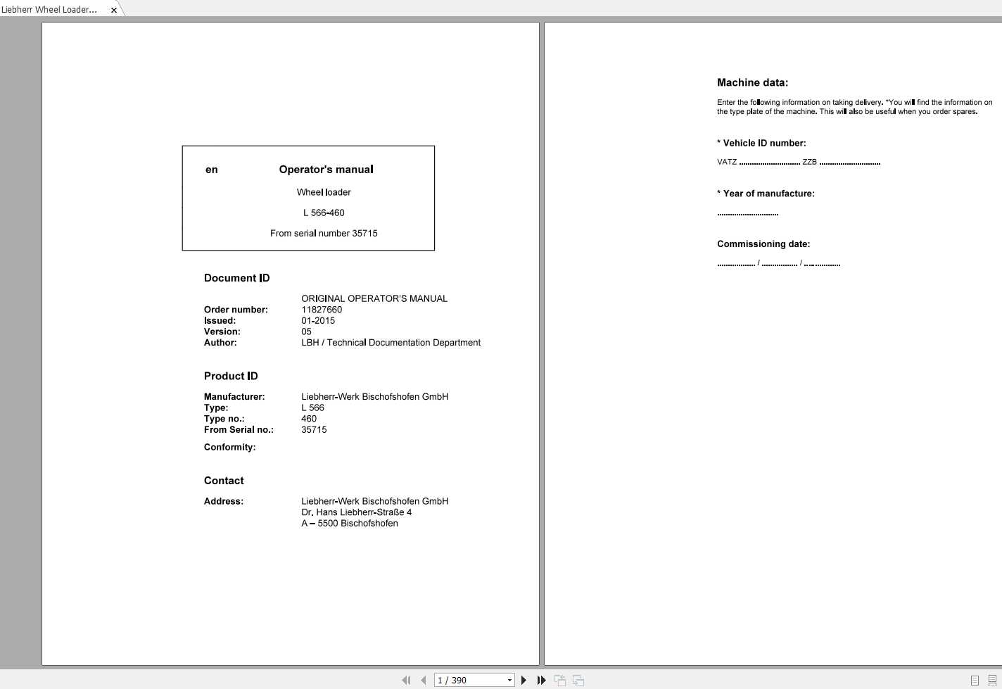 Liebherr Wheel Loader L566 460 SN 35715 Operators Manual2015 1