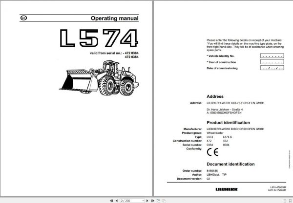 Liebherr Wheel Loader L574S 472 SN 0384 Operators Manual 1