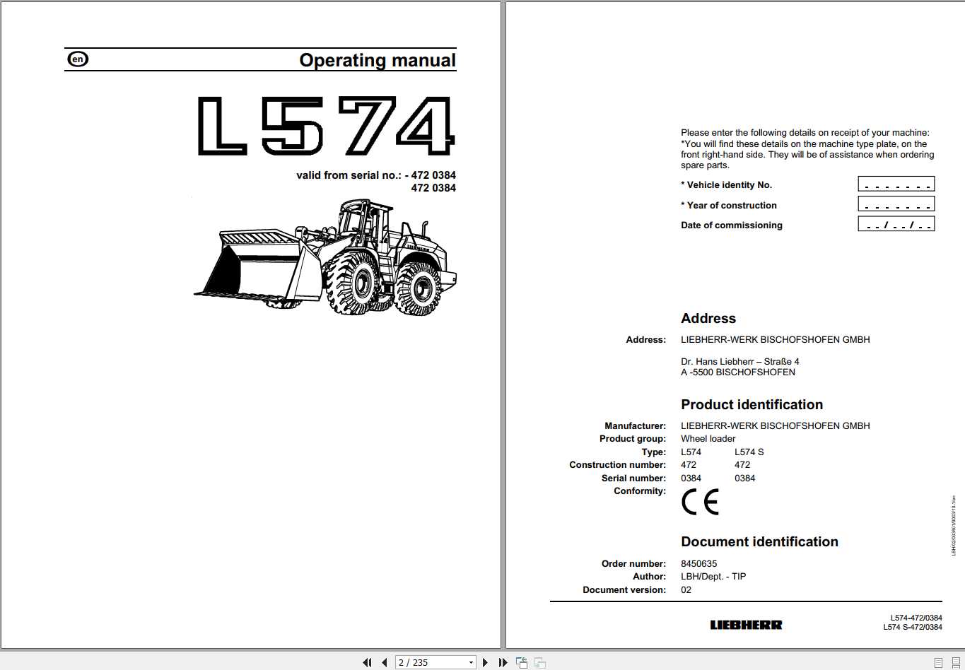 Liebherr Wheel Loader L574S 472 SN 0384 Operators Manual 1