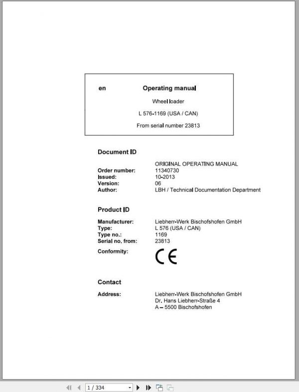 Liebherr Wheel Loader L576 1169USA CAN SN 23813 Operators Manual 1