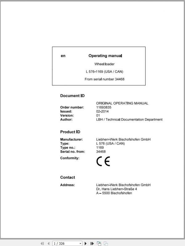 Liebherr Wheel Loader L576 1169USA CAN SN 34468 Operators Manual 1