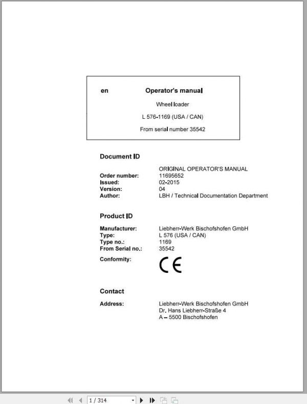Liebherr Wheel Loader L576 1169USA CAN SN 35542 Operators Manual 1