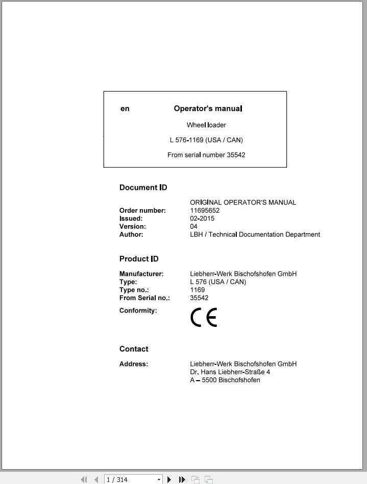 Liebherr Wheel Loader L576 1169USA CAN SN 35542 Operators Manual 1