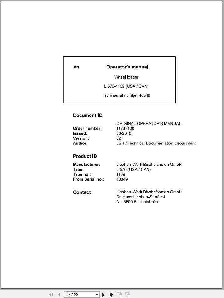 Liebherr Wheel Loader L576 1169USA CAN SN 40349 Operators Manual 1