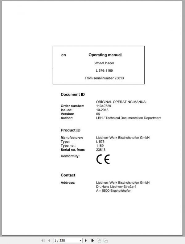 Liebherr Wheel Loader L576 1169 SN 23813 Operators Manual 1