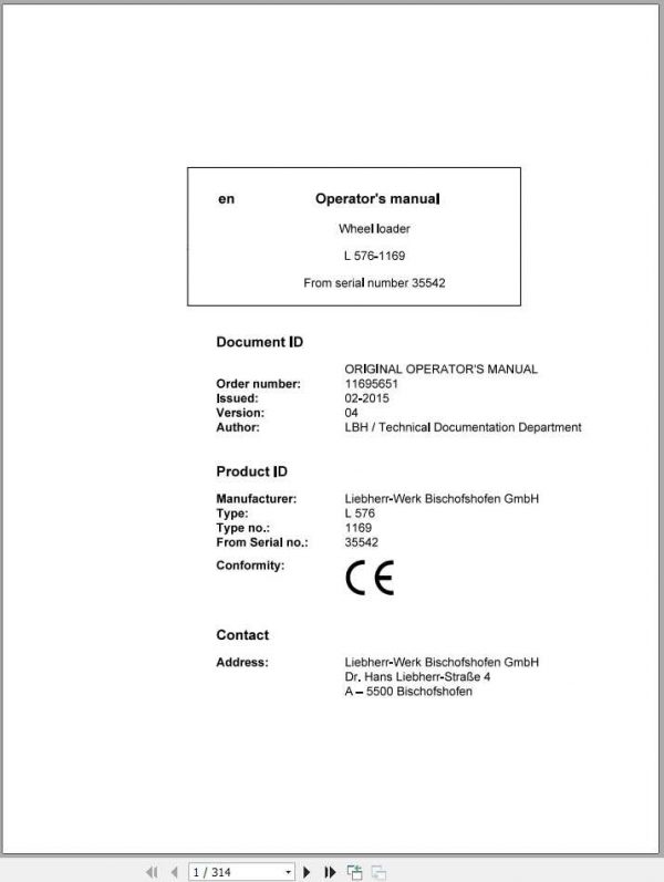 Liebherr Wheel Loader L576 1169 SN 35542 Operators Manual 1