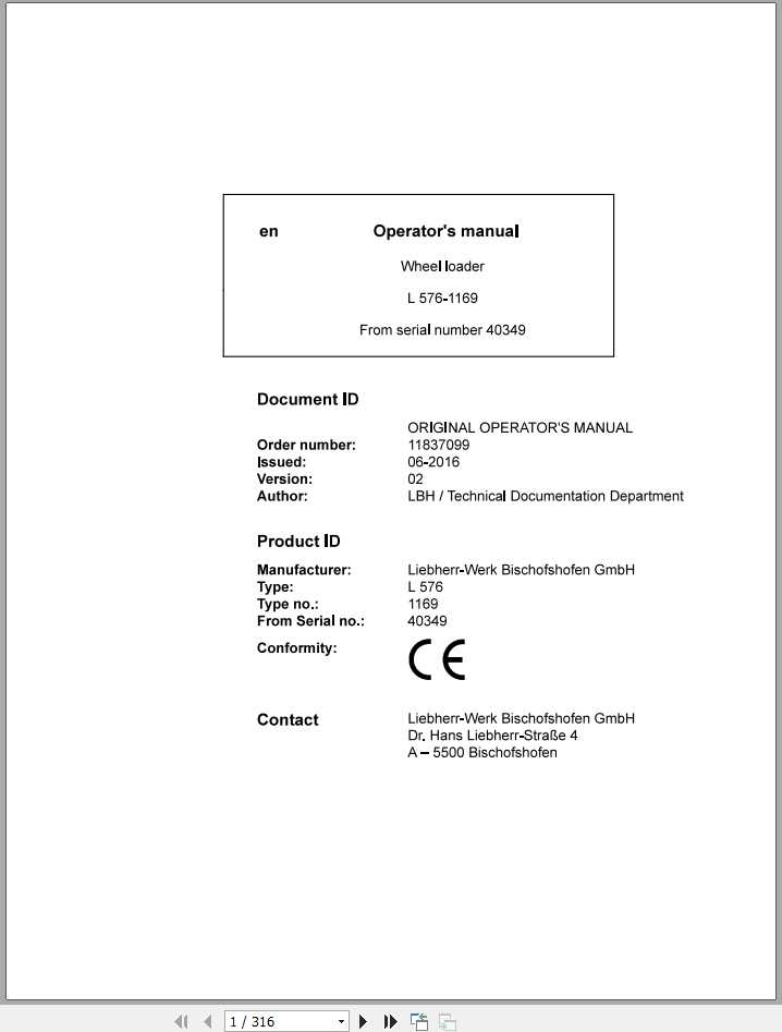 Liebherr Wheel Loader L576 1169 SN 40349 Operators Manual 1