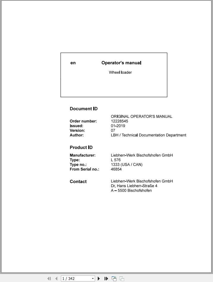 Liebherr Wheel Loader L576 1333USA CAN SN 46854 Operators Manual 1