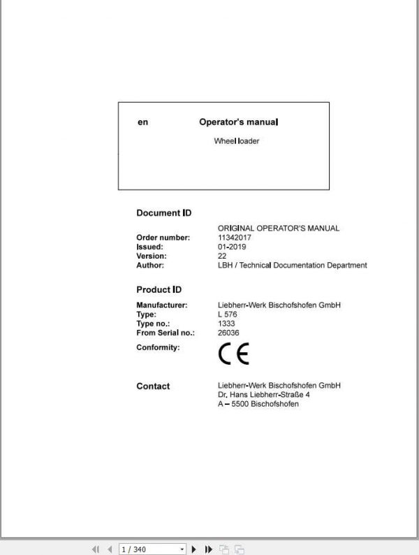 Liebherr Wheel Loader L576 1333 SN 26036 Operators Manual 1