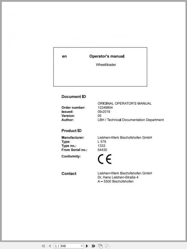 Liebherr Wheel Loader L576 1333 SN 54430 Operators Manual 1